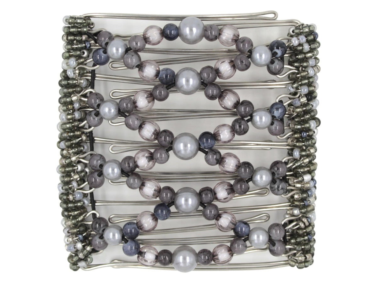 African Butterfly Wire Hair Clip - 9 Tong 1001 - silver-gray pearlescent pearls down the center, dark stormy gray beads, gray translucent beads, mixed gray and white Czech beads along the sides, white background