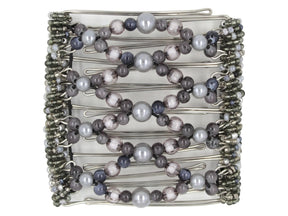 African Butterfly Wire Hair Clip - 9 Tong 1001 - silver-gray pearlescent pearls down the center, dark stormy gray beads, gray translucent beads, mixed gray and white Czech beads along the sides, white background