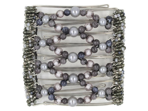 African Butterfly Wire Hair Clip - 9 Tong 1001 - silver-gray pearlescent pearls down the center, dark stormy gray beads, gray translucent beads, mixed gray and white Czech beads along the sides, white background