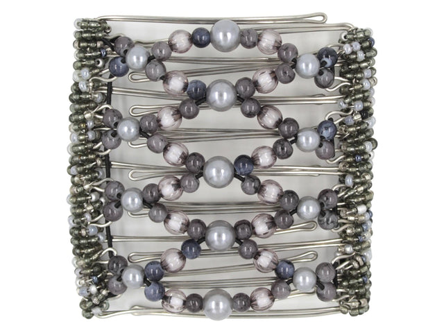 African Butterfly Wire Hair Clip - 9 Tong 1001 - silver-gray pearlescent pearls down the center, dark stormy gray beads, gray translucent beads, mixed gray and white Czech beads along the sides, white background