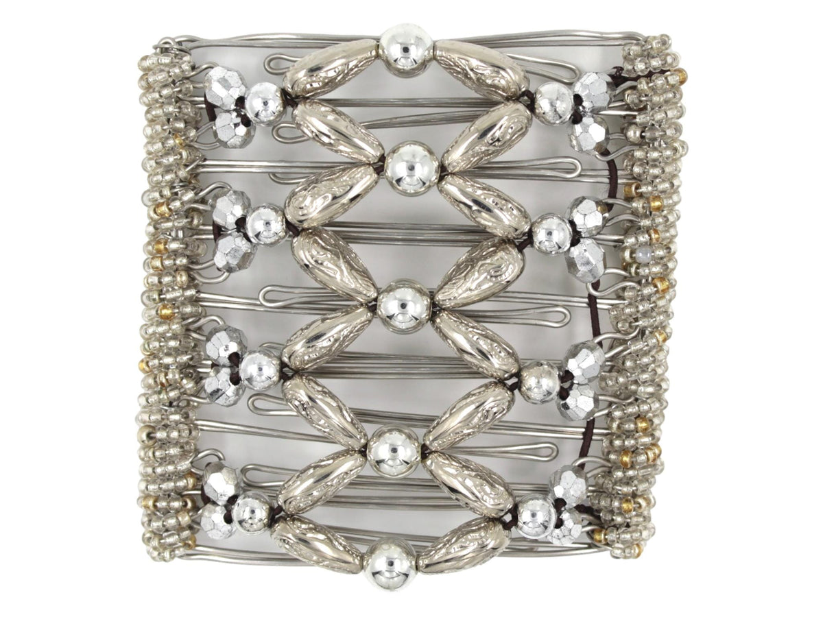 African Butterfly Wire Hair Clip - 9 Tong 1010 - round silver beads and puffy silver center beads, faceted silver beads, clear Czech seed beads along the sides, white background