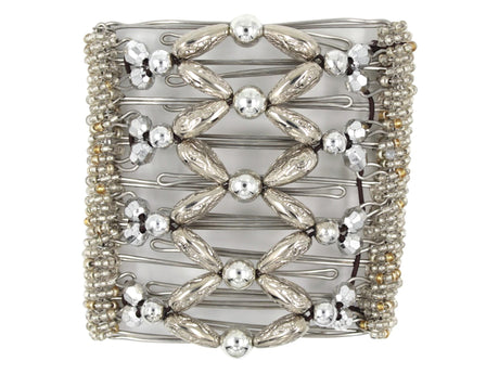 African Butterfly Wire Hair Clip - 9 Tong 1010 - round silver beads and puffy silver center beads, faceted silver beads, clear Czech seed beads along the sides, white background