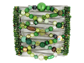 African Butterfly Wire Hair Clip - 9 Tong 1011 - forest green, lime and sage beads, white pearls, brown wood beads, patterned green acrylic beads, green, brown and clear Czech glass seed beads along the edges, white background