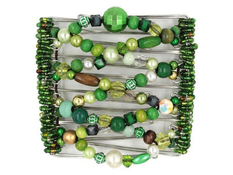 African Butterfly Wire Hair Clip - 9 Tong 1011 - forest green, lime and sage beads, white pearls, brown wood beads, patterned green acrylic beads, green, brown and clear Czech glass seed beads along the edges, white background
