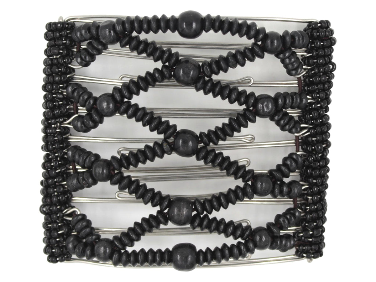 African Butterfly Wire Hair Clip - 9 Tong 1012 - solid black wood beads, black Czech seed beads along the edges, white background