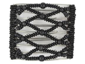 African Butterfly Wire Hair Clip - 9 Tong 1012 - solid black wood beads, black Czech seed beads along the edges, white background