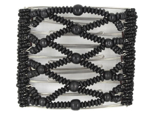 African Butterfly Wire Hair Clip - 9 Tong 1012 - solid black wood beads, black Czech seed beads along the edges, white background