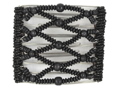 African Butterfly Wire Hair Clip - 9 Tong 1012 - solid black wood beads, black Czech seed beads along the edges, white background