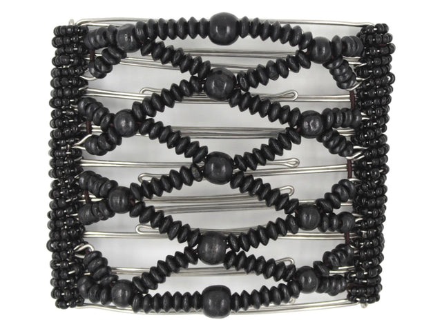 African Butterfly Wire Hair Clip - 9 Tong 1012 - solid black wood beads, black Czech seed beads along the edges, white background