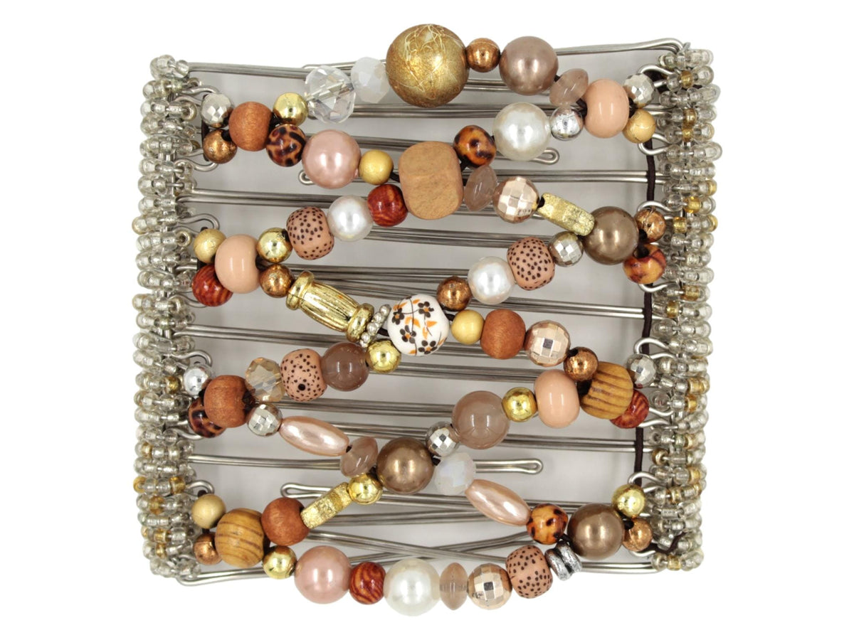 African Butterfly Wire Hair Clip - 9 Tong 1002 - gold, beige, tan acrylic beads,  pearl beadss, beige and clear Czech glass seed beads along the edges, white background
