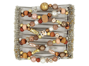 African Butterfly Wire Hair Clip - 9 Tong 1002 - gold, beige, tan acrylic beads,  pearl beadss, beige and clear Czech glass seed beads along the edges, white background