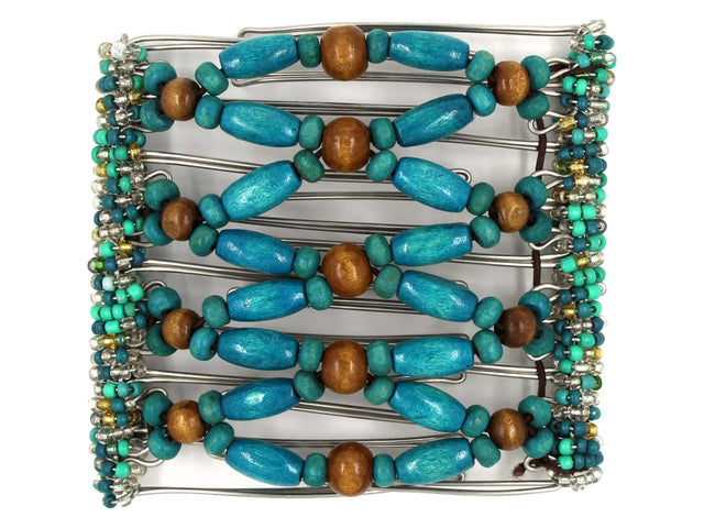 African Butterfly Wire Hair Clip - 9 Tong 1003 - rustic milk chocolate brown wood beads at the center and sides, dark turquoise wood beads, teal, turquoise, and clear Czech seed beads along the edges, white background