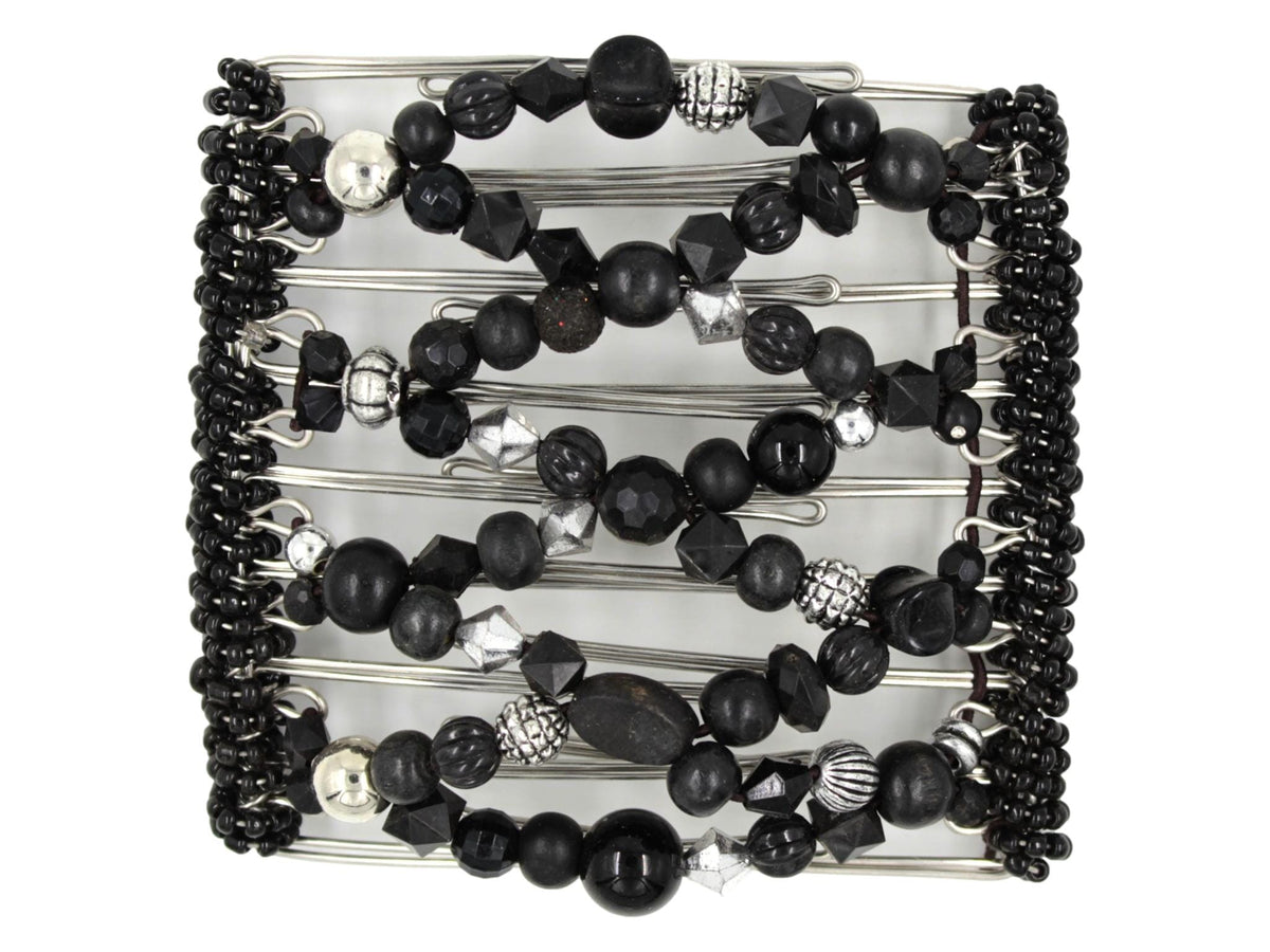 African Butterfly Wire Hair Clip - 9 Tong 1004 - black acrylic and wood beads in varied shapes and sizes, silver beads, white background