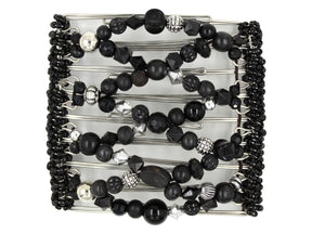 African Butterfly Wire Hair Clip - 9 Tong 1004 - black acrylic and wood beads in varied shapes and sizes, silver beads, white background