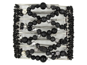 African Butterfly Wire Hair Clip - 9 Tong 1004 - black acrylic and wood beads in varied shapes and sizes, silver beads, white background