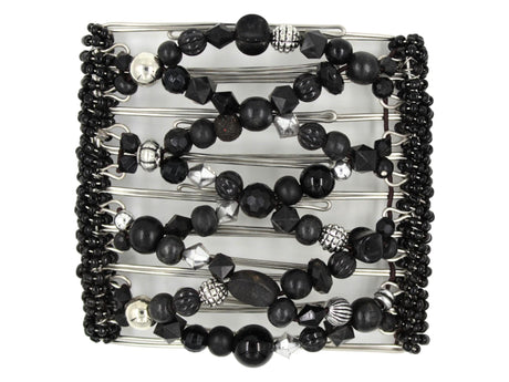 African Butterfly Wire Hair Clip - 9 Tong 1004 - black acrylic and wood beads in varied shapes and sizes, silver beads, white background