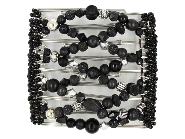 African Butterfly Wire Hair Clip - 9 Tong 1004 - black acrylic and wood beads in varied shapes and sizes, silver beads, white background