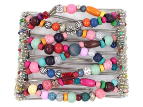 African Butterfly Wire Hair Clip - 9 Tong 1005 - rainbow multicolored fancy beads in varied shapes and sizes, silver beads, white background