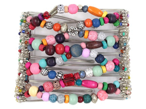 African Butterfly Wire Hair Clip - 9 Tong 1005 - rainbow multicolored fancy beads in varied shapes and sizes, silver beads, white background