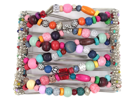 African Butterfly Wire Hair Clip - 9 Tong 1005 - rainbow multicolored fancy beads in varied shapes and sizes, silver beads, white background