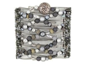 African Butterfly Wire Hair Clip - 9 Tong 1006 - dark and light gray wood and acrylic beads, silver beads, clear, white and gray Czech beads along the sides, white background