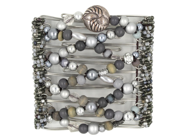 African Butterfly Wire Hair Clip - 9 Tong 1006 - dark and light gray wood and acrylic beads, silver beads, clear, white and gray Czech beads along the sides, white background