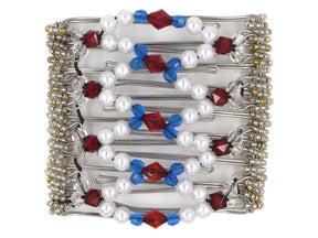 African Butterfly Wire Hair Clip - 9 Tong 1007 - cherry red acrylic center beads,  royal blue acrylic beads, white pearl beads, crimson and clear acrylic beads, clear seed beads along the edges, white background