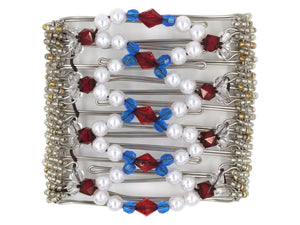 African Butterfly Wire Hair Clip - 9 Tong 1007 - cherry red acrylic center beads,  royal blue acrylic beads, white pearl beads, crimson and clear acrylic beads, clear seed beads along the edges, white background