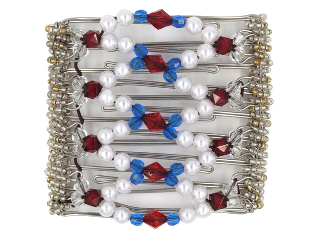 African Butterfly Wire Hair Clip - 9 Tong 1007 - cherry red acrylic center beads,  royal blue acrylic beads, white pearl beads, crimson and clear acrylic beads, clear seed beads along the edges, white background
