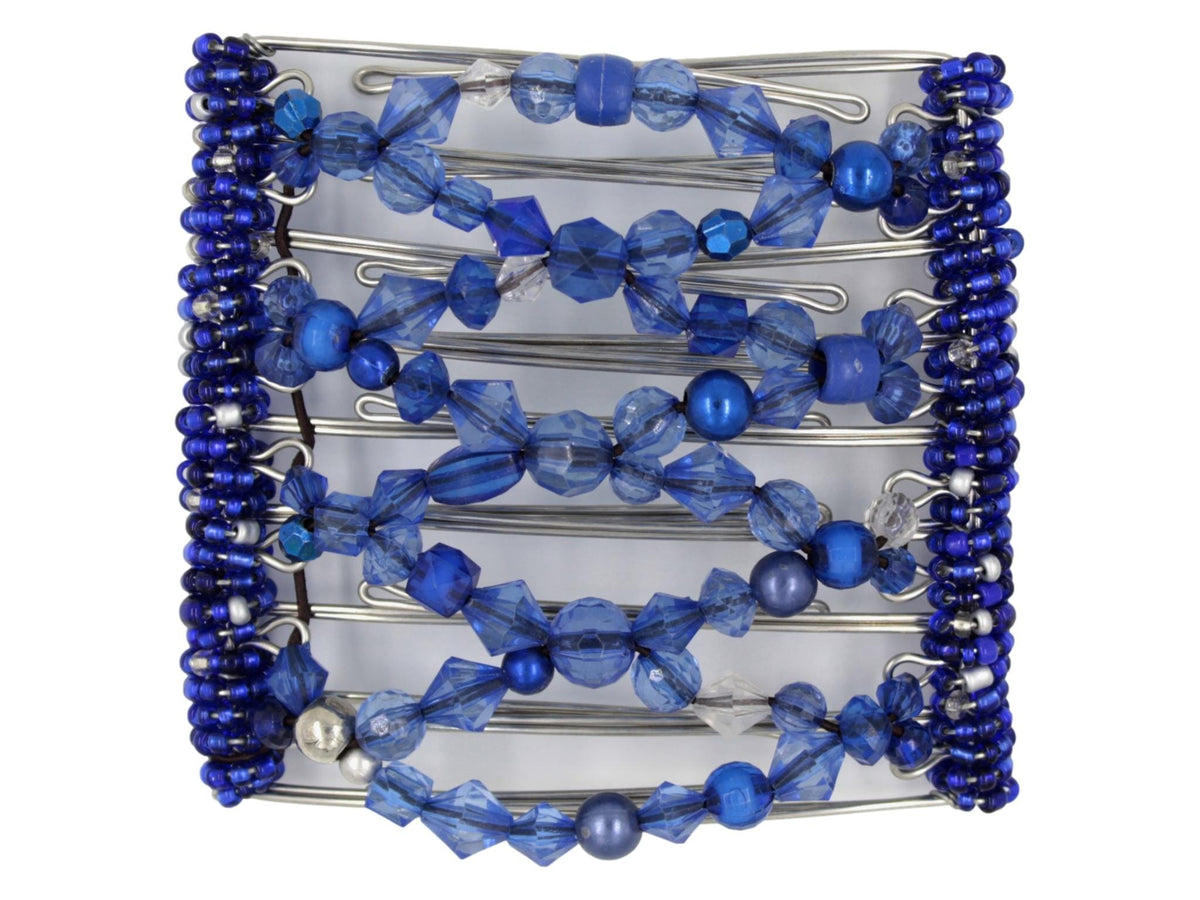 African Butterfly Wire Hair Clip - 9 Tong 1009 - midnight, royal and sapphire blue beads in varying shapes and sizes, white background