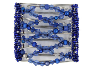 African Butterfly Wire Hair Clip - 9 Tong 1009 - midnight, royal and sapphire blue beads in varying shapes and sizes, white background
