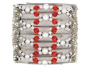 African Butterfly Wire Hair Clip - 9 Tong 940 - hair clip with orange, silver, and white beads on a white background