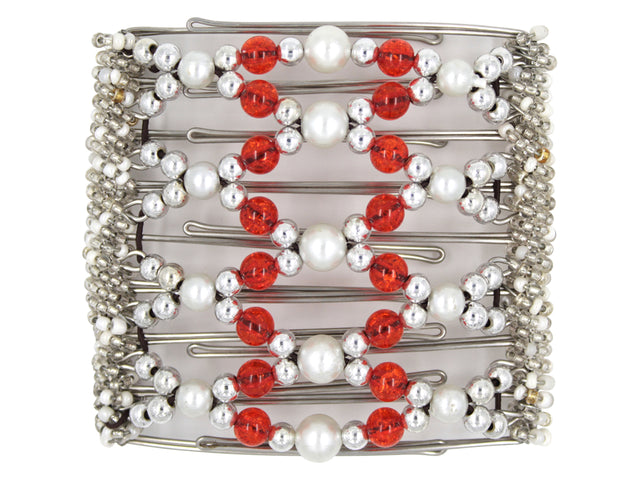 African Butterfly Wire Hair Clip - 9 Tong 940 - hair clip with orange, silver, and white beads on a white background