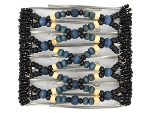 African Butterfly Wire Hair Clip - 9 Tong 945 - hair clip with blue, black, and beige beads on a white background