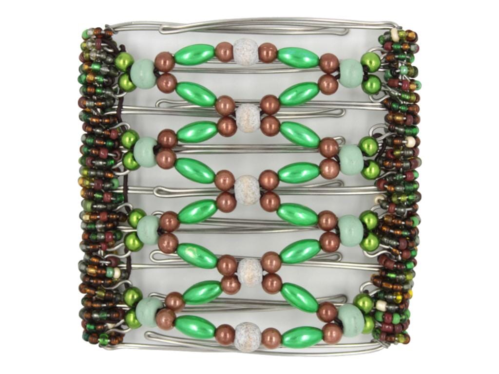 African Butterfly Wire Hair Clip - 9 Tong 952 - hair clip with green and brown beads with a white background