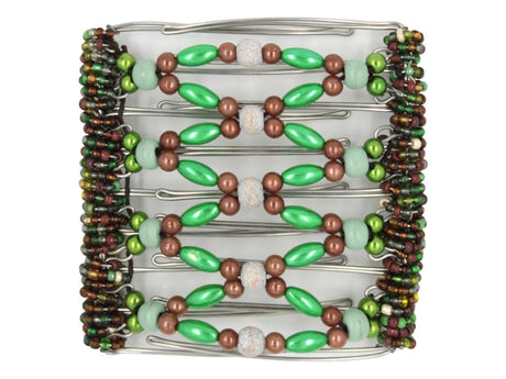 African Butterfly Wire Hair Clip - 9 Tong 952 - hair clip with green and brown beads with a white background