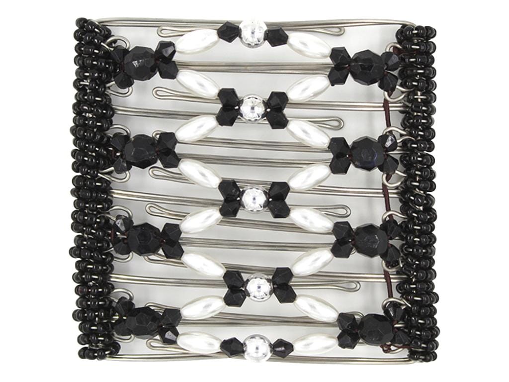 African Butterfly Wire Hair Clip - 9 Tong 956 - black acrylic, white pearl and silver beads, white background