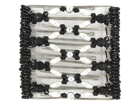 African Butterfly Wire Hair Clip - 9 Tong 956 - black acrylic, white pearl and silver beads, white background