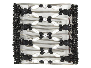 African Butterfly Wire Hair Clip - 9 Tong 956 - black acrylic, white pearl and silver beads, white background