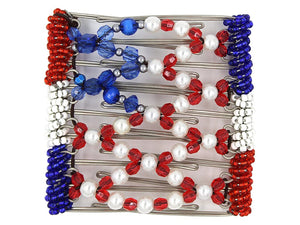 African Butterfly Wire Hair Clip - 9 Tong 957 - red crystal, white pearl and royal blue beads in American flag colors, white background