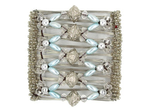 African Butterfly Wire Hair Clip - 9 Tong 958 - puffed silver, powder blue pearl and clear crystal beads, white background