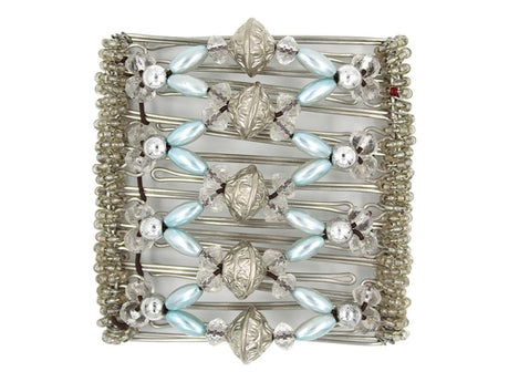 African Butterfly Wire Hair Clip - 9 Tong 958 - puffed silver, powder blue pearl and clear crystal beads, white background