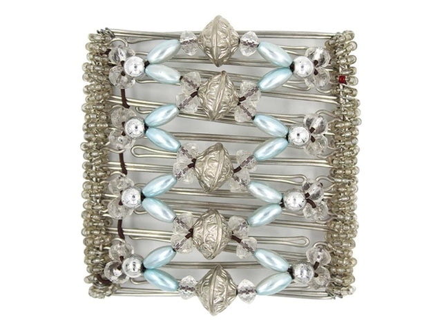 African Butterfly Wire Hair Clip - 9 Tong 958 - puffed silver, powder blue pearl and clear crystal beads, white background