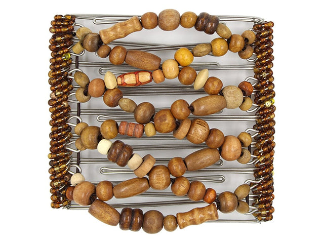 African Butterfly Wire Hair Clip - 9 Tong 959 - mixed natural wood beads in espresso, honey and cream tones, white background
