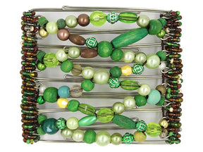 African Butterfly Wire Hair Clip - 9 Tong 960 - forest green, lime, sage, cream pearl and teal mixed beads, white background