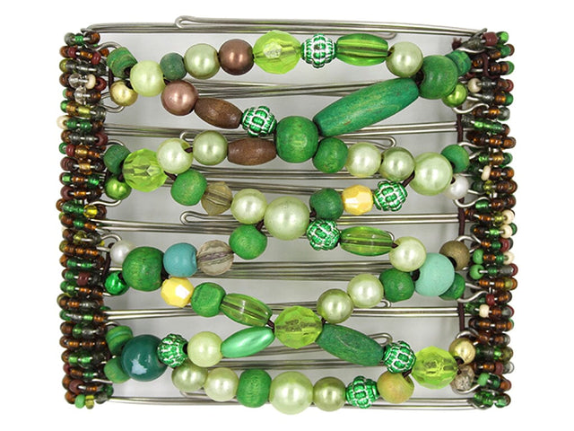 African Butterfly Wire Hair Clip - 9 Tong 960 - forest green, lime, sage, cream pearl and teal mixed beads, white background