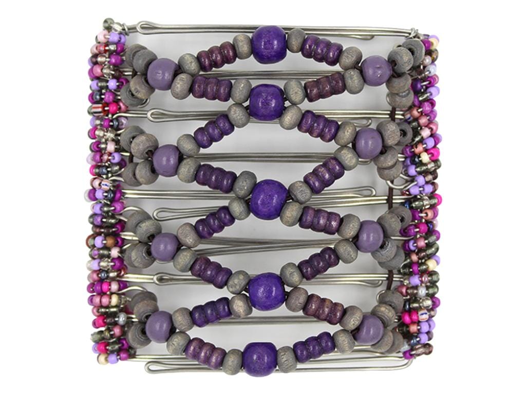 African Butterfly Wire Hair Clip - 9 Tong 961 - hair clip with purple and gray wood beads on a white background