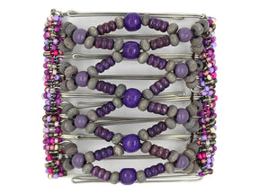 African Butterfly Wire Hair Clip - 9 Tong 961 - hair clip with purple and gray wood beads on a white background