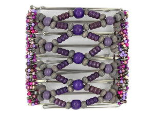 African Butterfly Wire Hair Clip - 9 Tong 961 - hair clip with purple and gray wood beads on a white background