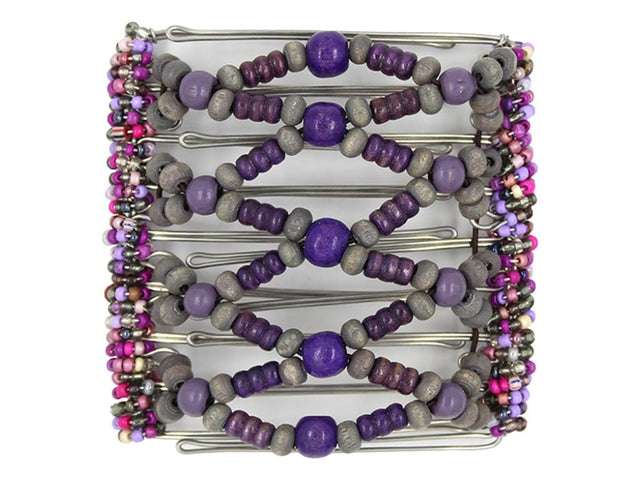 African Butterfly Wire Hair Clip - 9 Tong 961 - hair clip with purple and gray wood beads on a white background